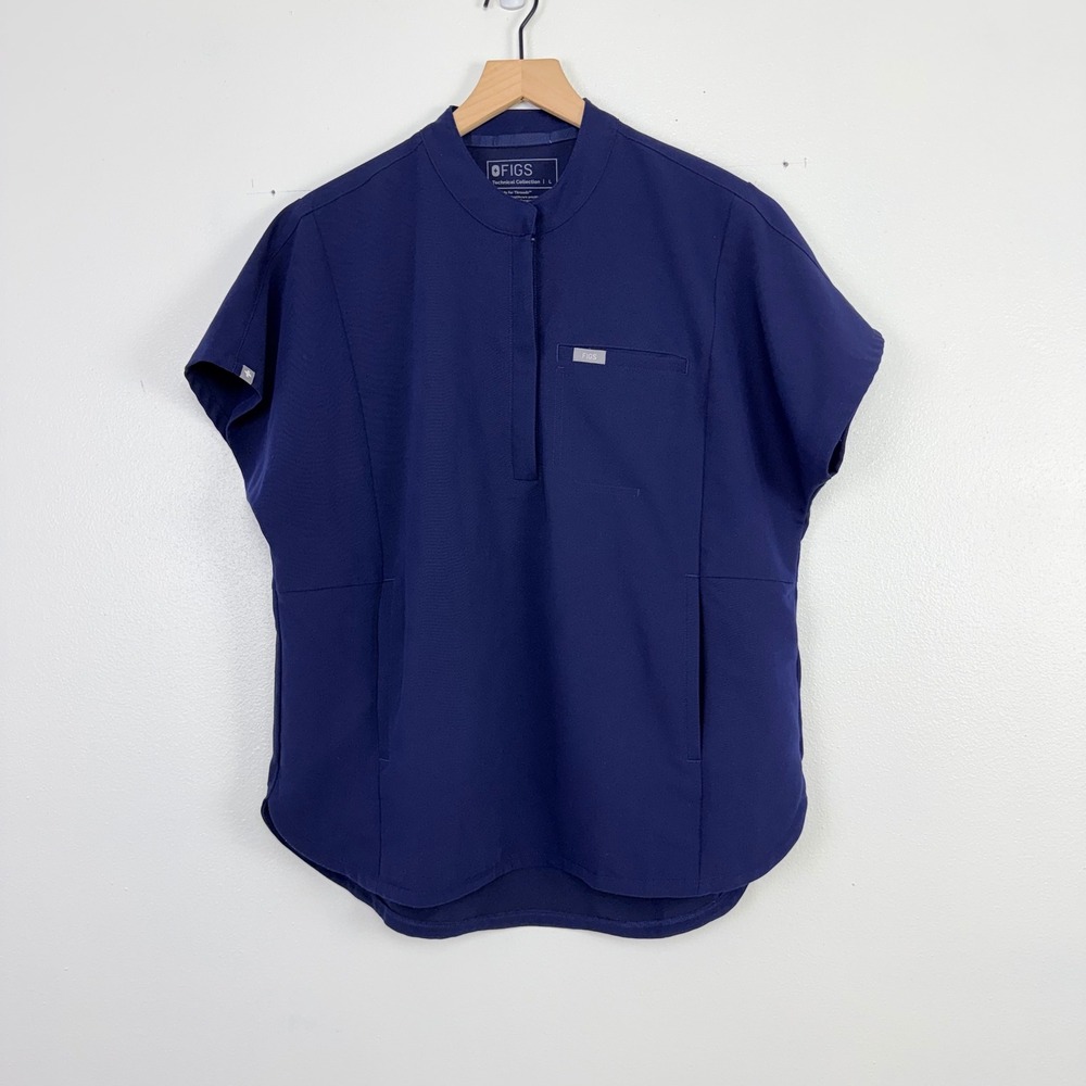 FIGS Montex Scrub Top Womens Large Navy Blue Mandarin Collar Quarter Zip Medical